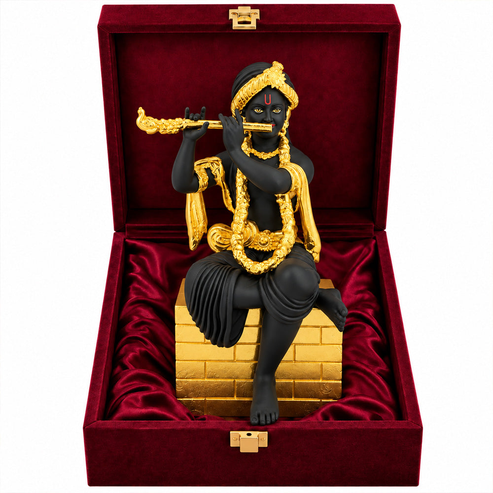 24K Gold-Plated Black Krishna Idol | Premium Gift Box | 16x9 CM
