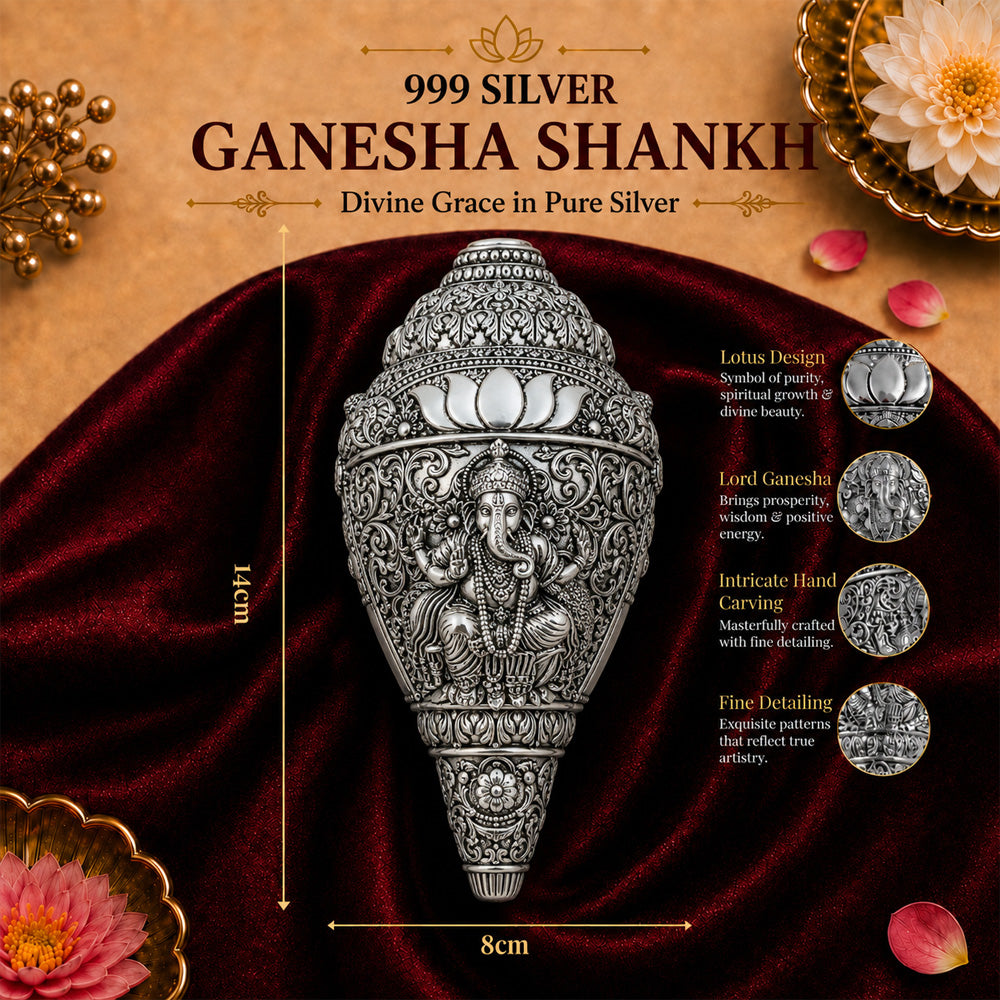 999 Silver-Plated Antique Ganesha Shankh | Premium Gift Box | 14x8 CM