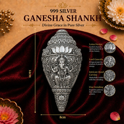 999 Silver-Plated Antique Ganesha Shankh | Premium Gift Box | 14x8 CM