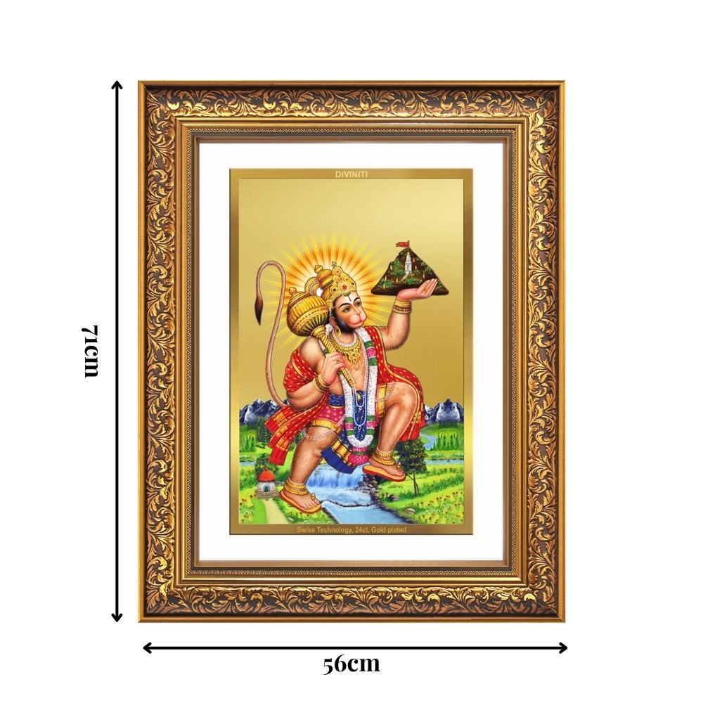 Diviniti 24K Gold Plated Hanuman With Mountain (Classic) Divine Wall Frame for Home Mandir & Office Decor | Luxury Spiritual Gift