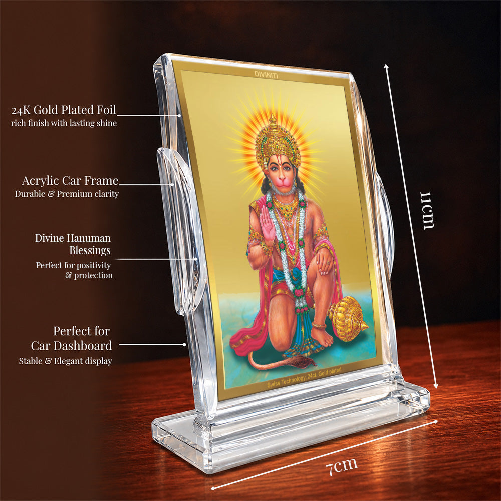 24K Gold-Plated Lord Hanuman Acrylic Car Dashboard Frame | 11x7 CM