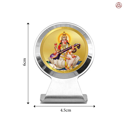 Saraswati Mata | Divine Goddess Saraswati Car Dashboard & Tabletop Photo Frame in 24K Gold Plated Foil