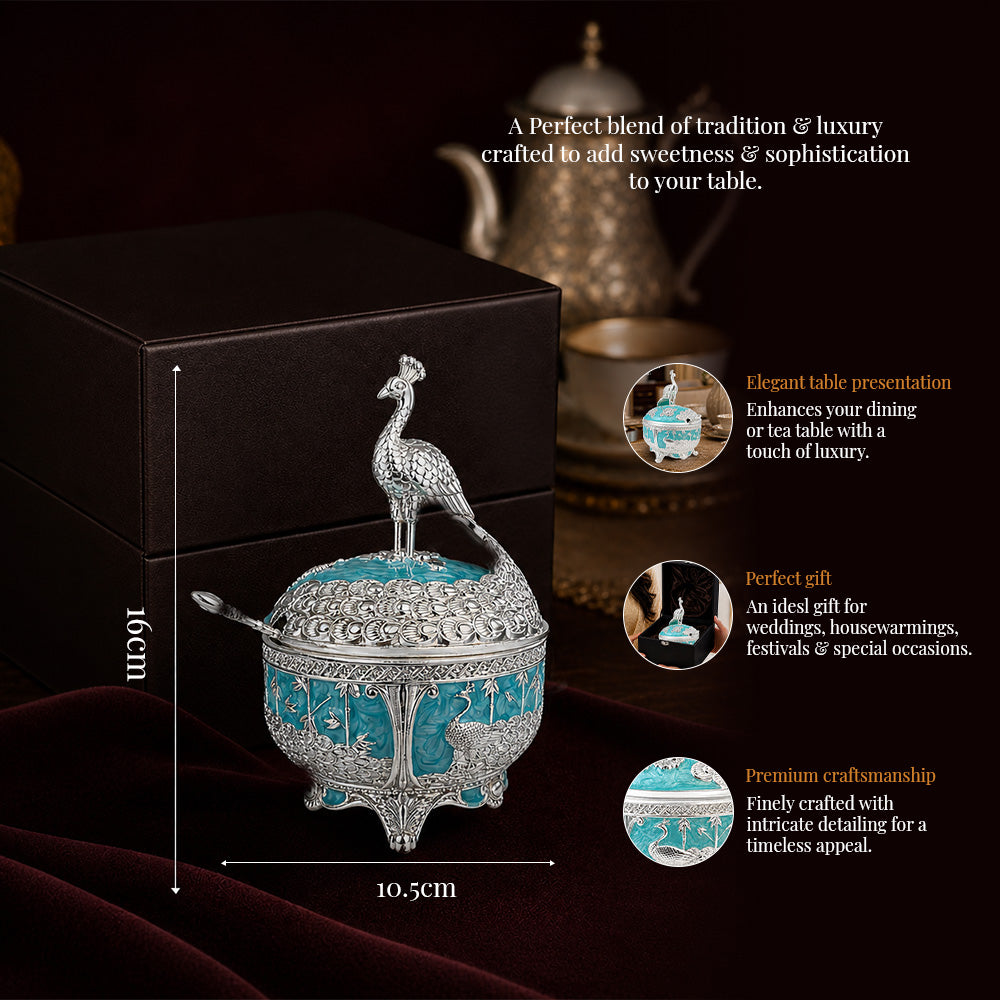 Diviniti German Silver Peacock Sugar Bowl with Spoon in turquoise blue finish, elegantly presented on a luxury gift box.