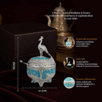 Diviniti German Silver Peacock Sugar Bowl with Spoon in turquoise blue finish, elegantly presented on a luxury gift box.
