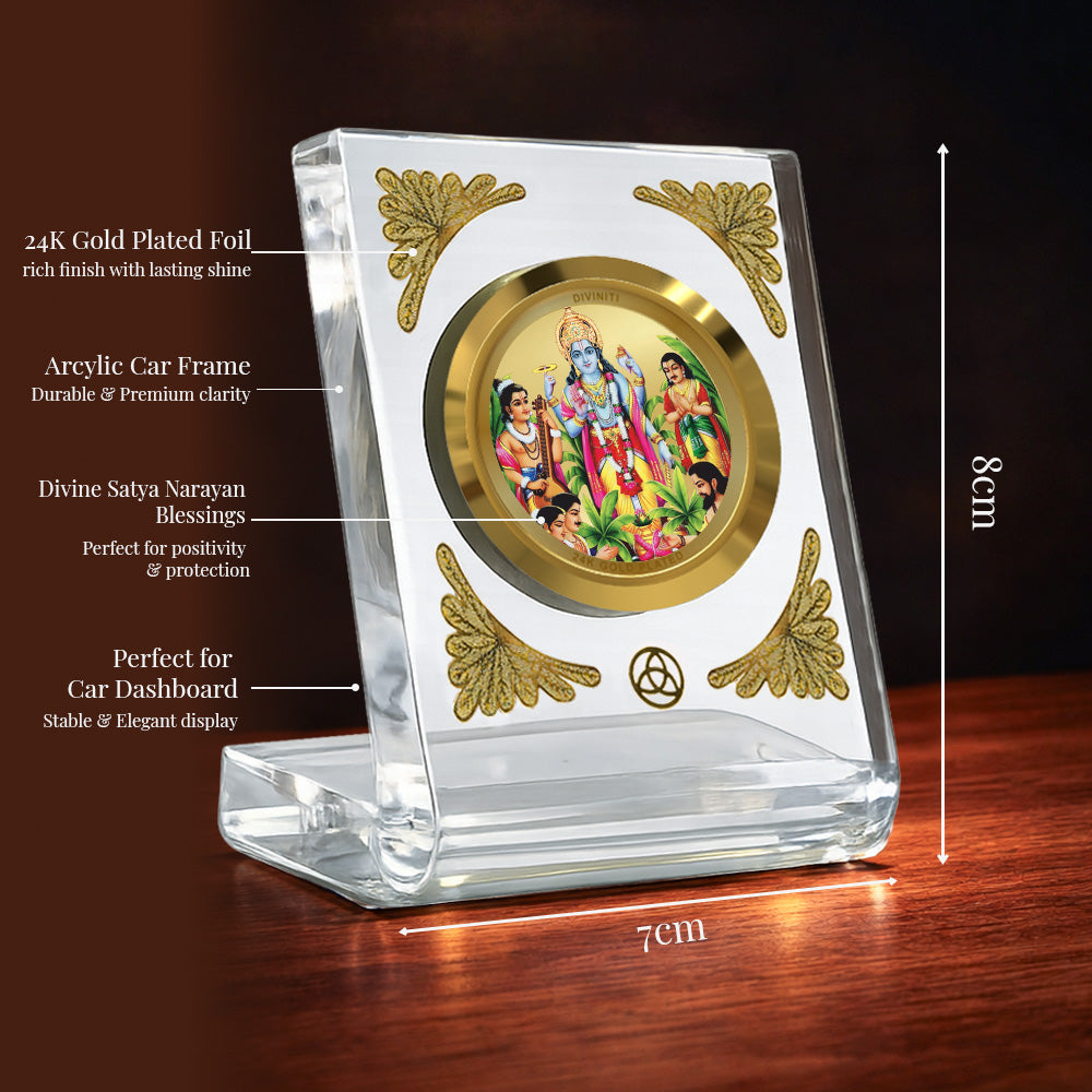 Diviniti 24K Gold Plated Satyanarayan Acrylic Car Dashboard Frame | Prosperity, Peace & Divine Blessings for Car, Home, Tabletop & Puja Room | Faith & Harmony (ACF1CH)