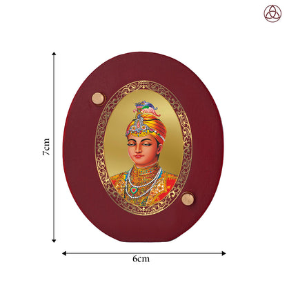 Guru Harkrishan Sahib Ji Car Dashboard & Tabletop Photo Frame, 24K gold-plated, 7x6 cm, intricate design.