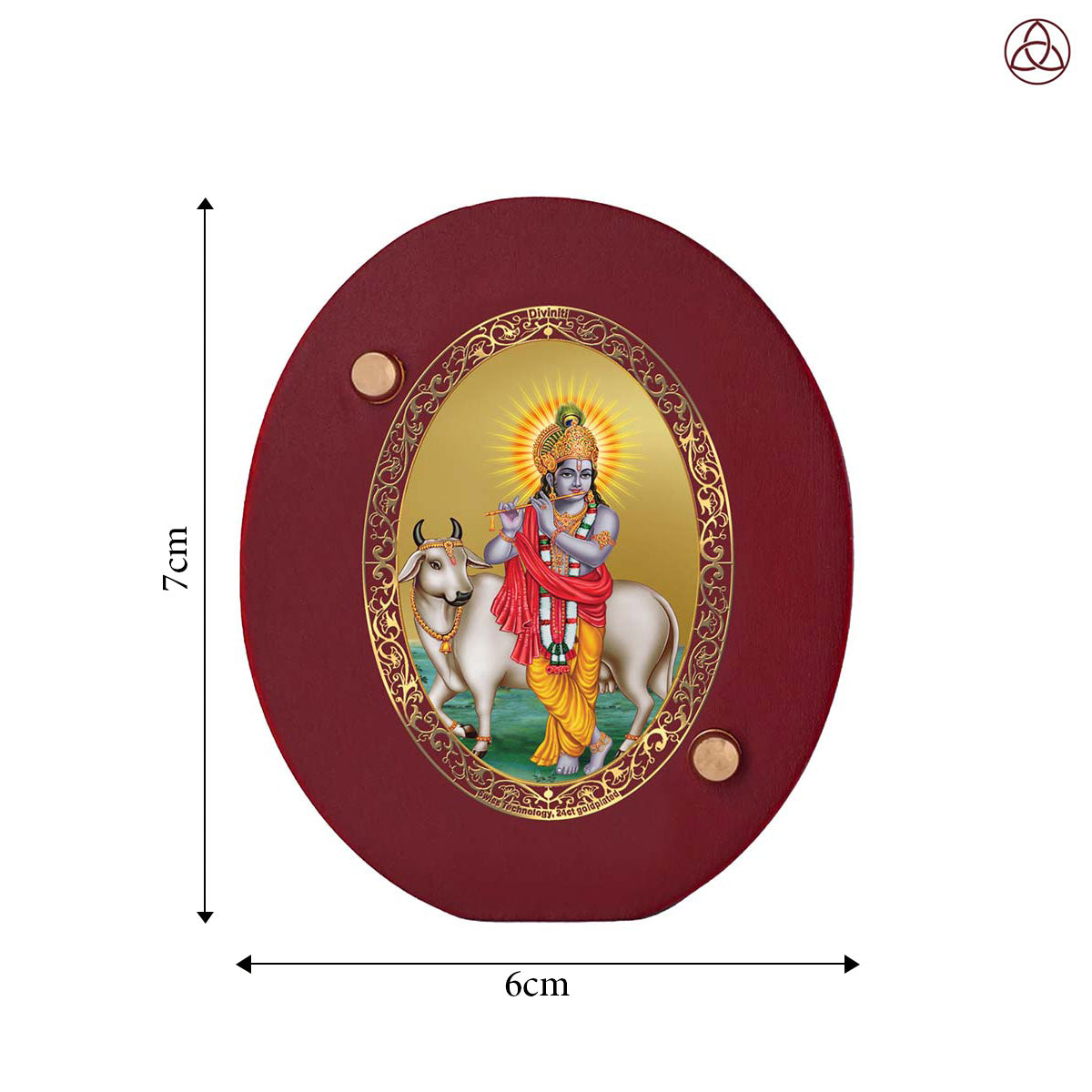 Krishna with Surbhi Cow Car Dashboard & Tabletop Photo Frame, 24K gold-plated, 7x6 cm, intricate design.