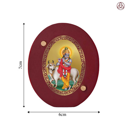 Krishna with Surbhi Cow Car Dashboard & Tabletop Photo Frame, 24K gold-plated, 7x6 cm, intricate design.