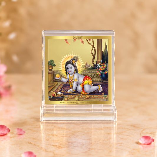 24K Gold-Plated Laddu Gopal Acrylic Car Dashboard Frame | 6x5 CM