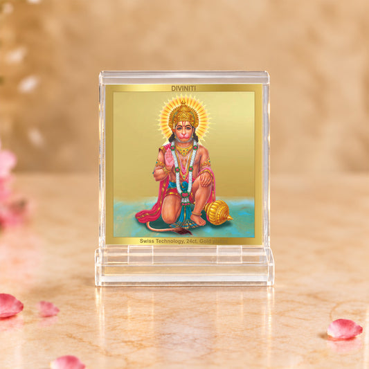 24K Gold-Plated Lord Hanuman Acrylic Car Dashboard Frame | 6x5 CM