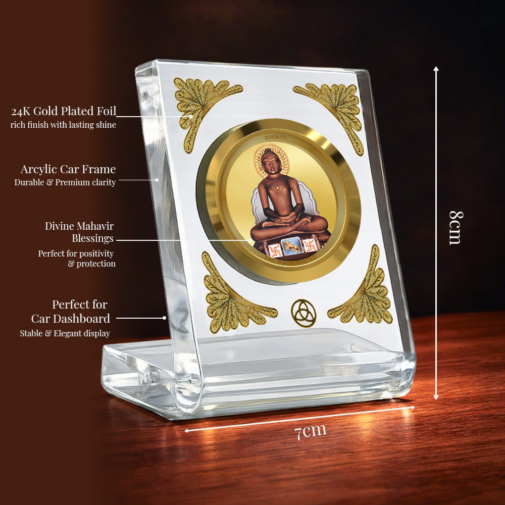 Diviniti 24K Gold Plated Lord Mahavir Acrylic Car Dashboard Frame | Peace, Spiritual Enlightenment & Devotion for Car, Home, Tabletop & Puja Room | Faith & Blessings (ACF1CH)