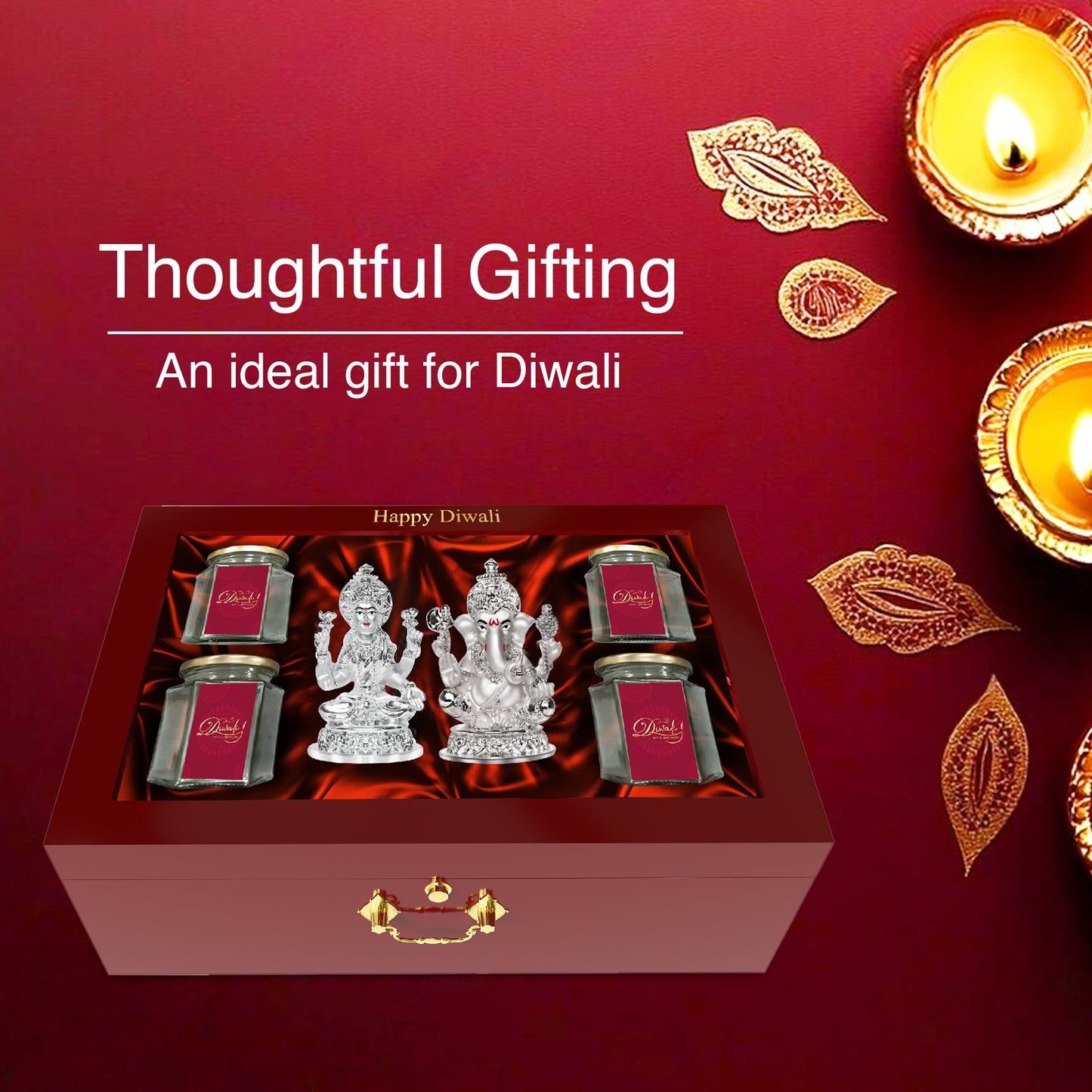 DIVINITI 999 Silver Plated Laxmi Ganesh Idol Statue for Home and Office Décor Puja Room & Luxurious Box Dry Fruits Bottle for Diwali Gift
