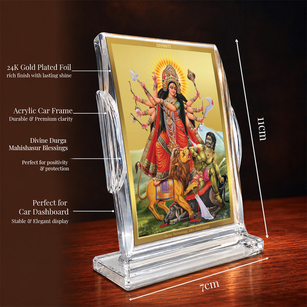 24K Gold-Plated Durga Mahishasura Mardini Acrylic Car Dashboard Frame | 11x7 CM