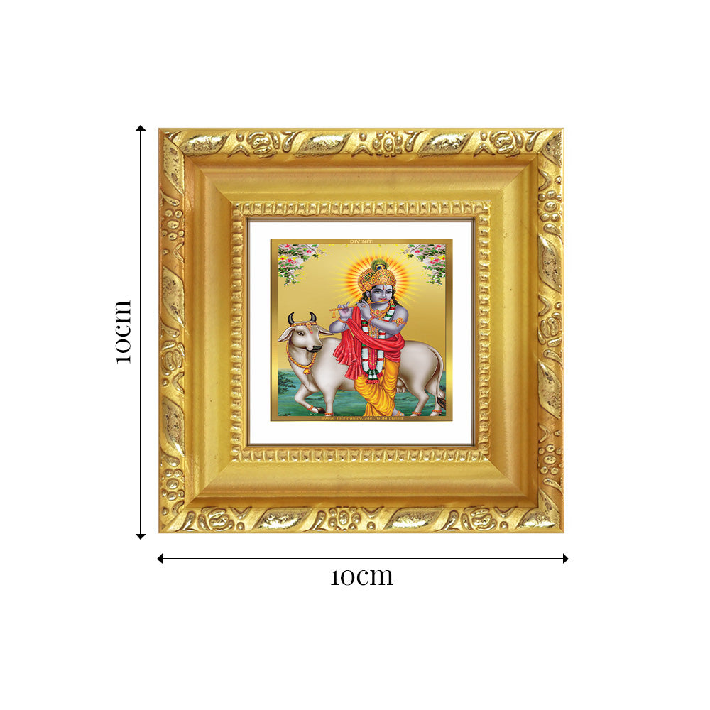 Diviniti Lord Krishna with Surbhi Cow Tabletop Photo Frame in 24K Gold Plated Foil – Compassion, Prosperity & Divine Harmony – DG103S1A (10x10 CM)