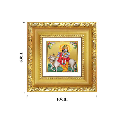 Diviniti Lord Krishna with Surbhi Cow Tabletop Photo Frame in 24K Gold Plated Foil – Compassion, Prosperity & Divine Harmony – DG103S1A (10x10 CM)