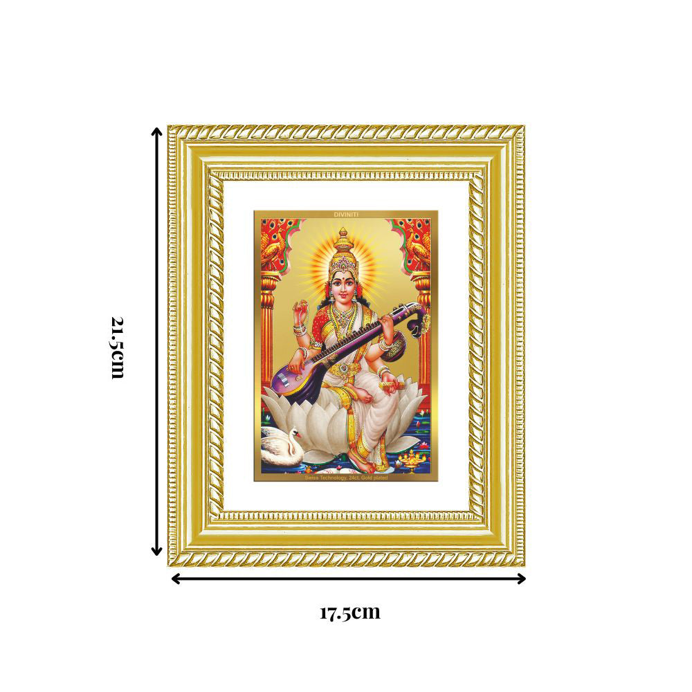 Diviniti 24K Gold Plated Saraswati Mata (Classic) Divine Wall and Table Top Frame for Home Mandir & Office Decor | Luxury Spiritual Gift