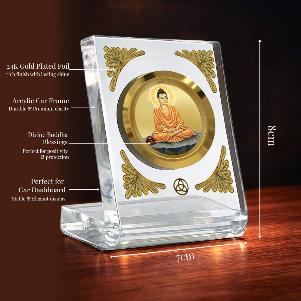 Lord Buddha Diviniti Premium Gold on Gold Car Dashboard Frame with 24K gold plated foil in a crystal clear acrylic frame.
