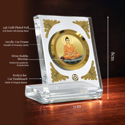 Lord Buddha Diviniti Premium Gold on Gold Car Dashboard Frame with 24K gold plated foil in a crystal clear acrylic frame.