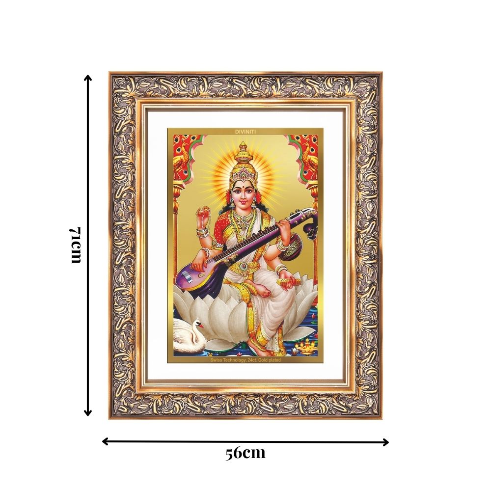 Diviniti 24K Gold Plated Saraswati Mata (Classic) Divine Wall Frame for Home Mandir & Office Decor | Luxury Spiritual Gift