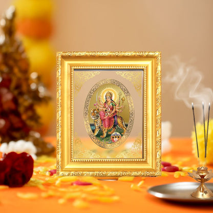 Shera Wali Mata (Vaishno Devi) with Pind Divine Blessings Sacred Royal Tabletop Frame in 24K Gold Plated Foil