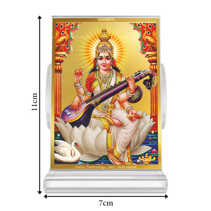 Goddess Saraswati Mata | Spiritual Car Dashboard & Tabletop Frame in 24K Gold Plated Foil