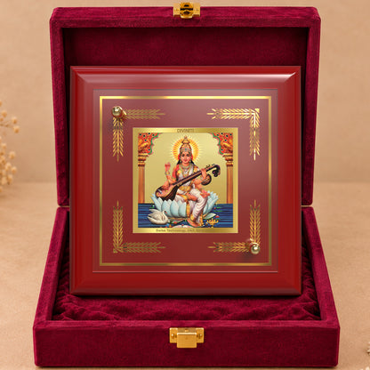 24K Gold-Plated Goddess Saraswati MDF Frame | Premium Gift Box | 10x10 CM