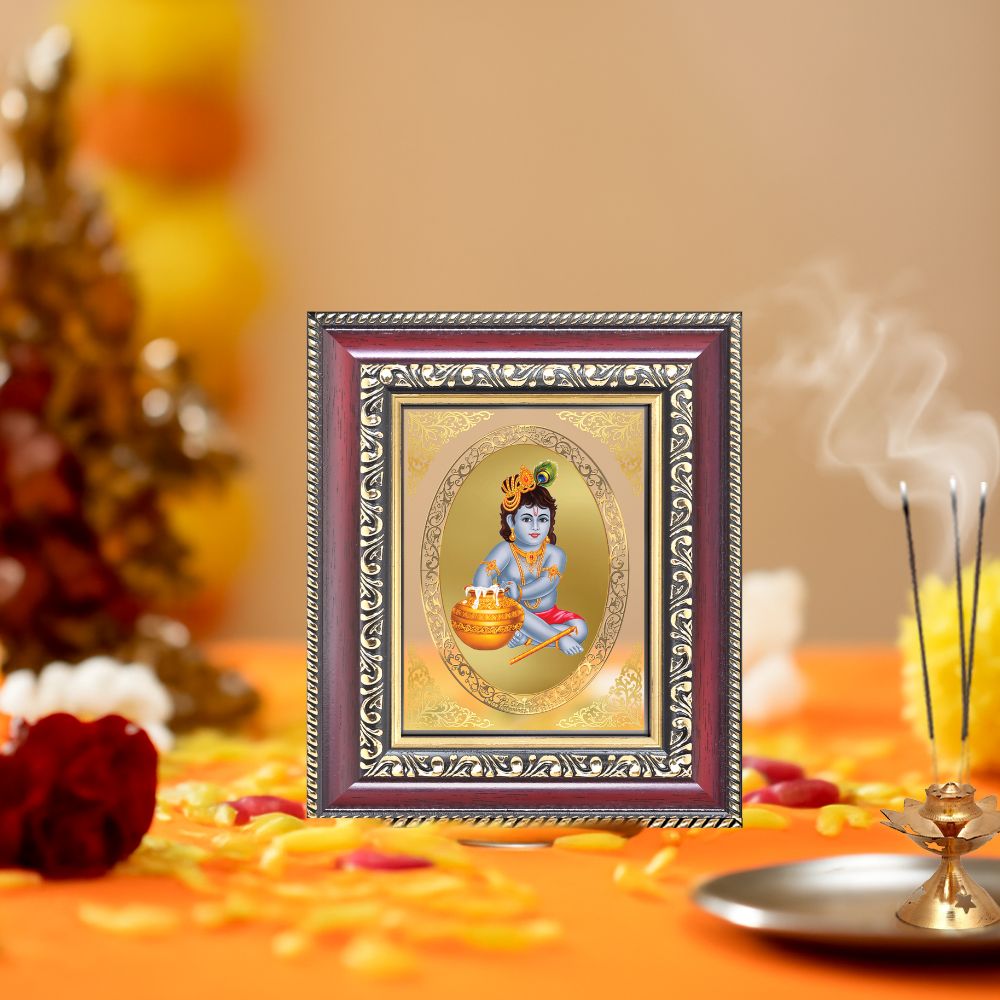 Bal Gopal (Baby Krishna) Divine Laddu Gopal Sacred Spiritual Royal Tabletop Frame in 24K Gold Plated Foil