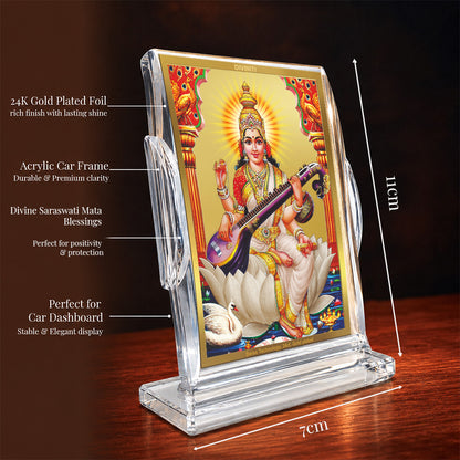 24K Gold-Plated Goddess Saraswati Acrylic Car Dashboard Frame | 11x7 CM