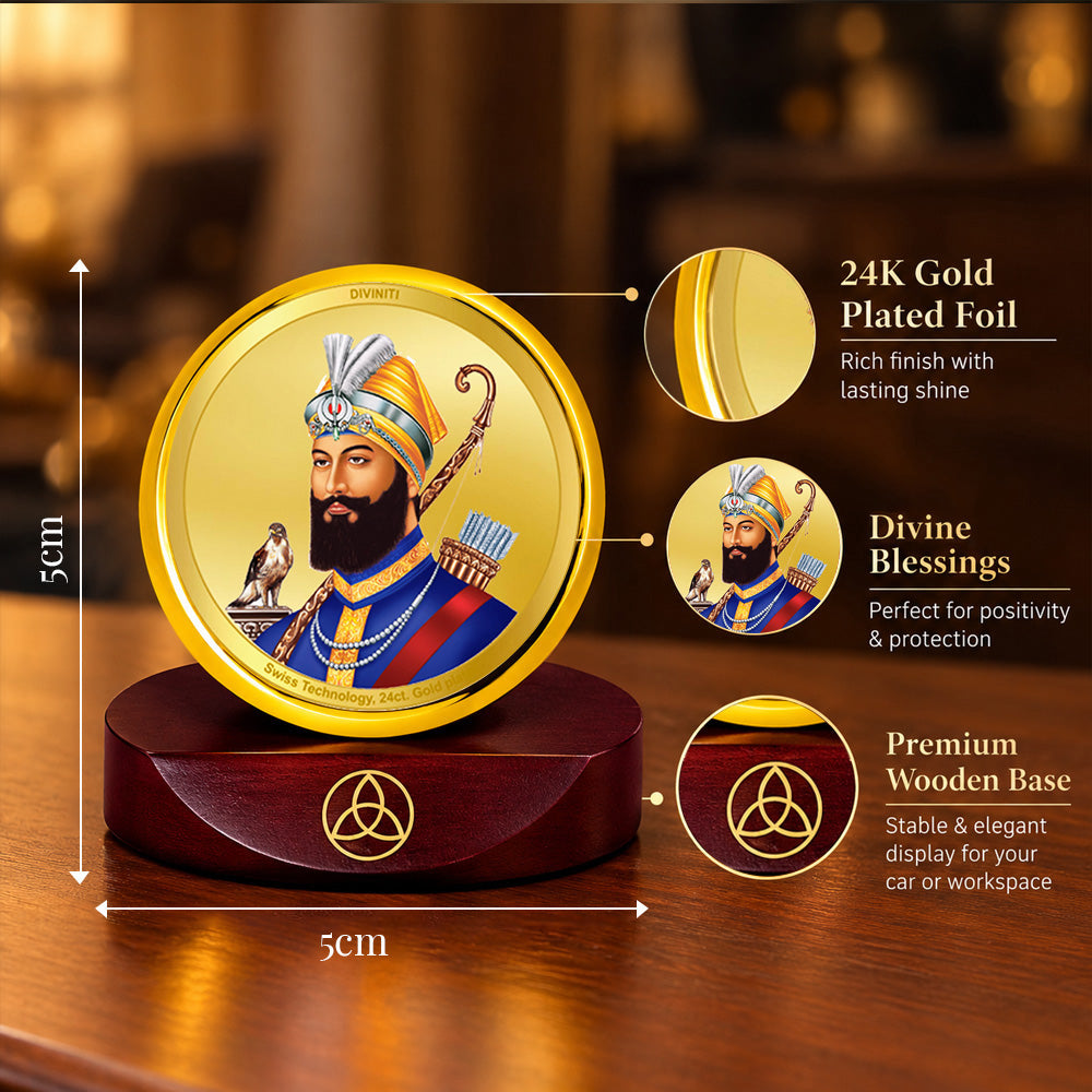 24K Gold-Plated Guru Gobind Singh Ji Car Dashboard Frame | 5x5 CM