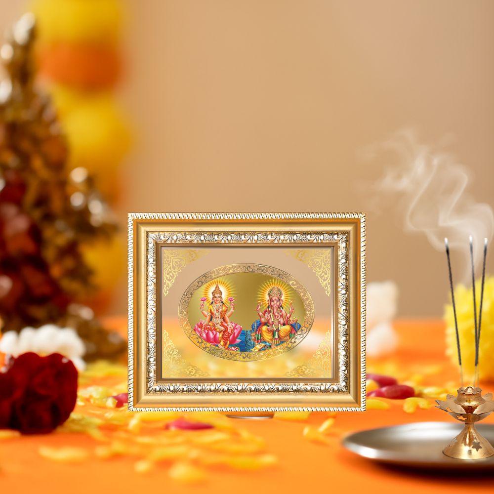 Goddess Lakshmi & Lord Ganesha Divine Prosperity & Auspicious Beginnings Royal Tabletop Frame in 24K Gold Plated Foil