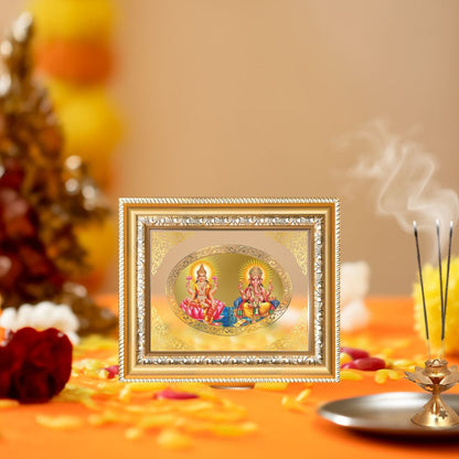 Goddess Lakshmi & Lord Ganesha Divine Prosperity & Auspicious Beginnings Royal Tabletop Frame in 24K Gold Plated Foil