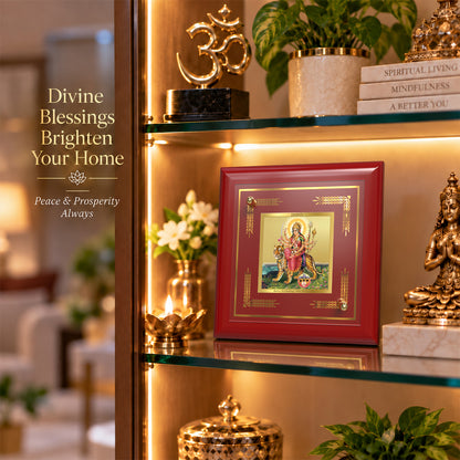 24K Gold-Plated Sherawali Mata with Pindi MDF Frame | Premium Gift Box | 10x10 CM