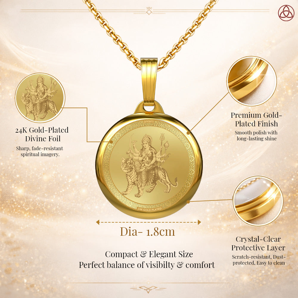 Diviniti 24K Gold Plated Maa Durga & Sacred Pindi Pendant – 18mm Double-Sided Spiritual Pendant