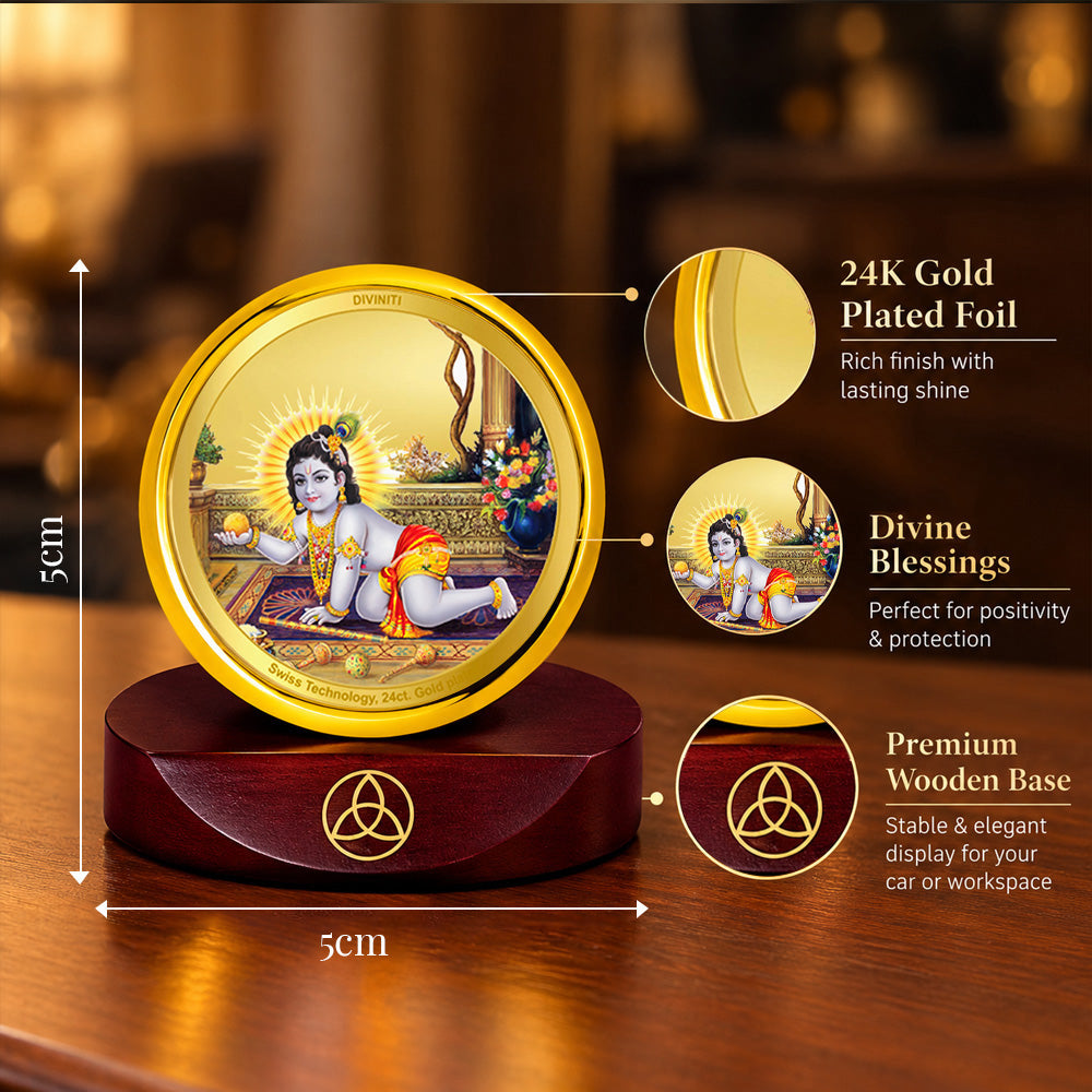 24K Gold-Plated Laddu Gopal Car Dashboard Frame | 5x5 CM