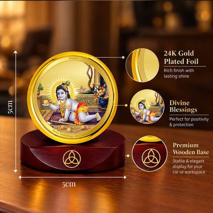 24K Gold-Plated Laddu Gopal Car Dashboard Frame | 5x5 CM