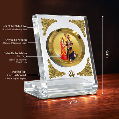 24K Gold Plated Radha Krishna With Cow Acrylic Car Dashboard Frame | 8x7 CM