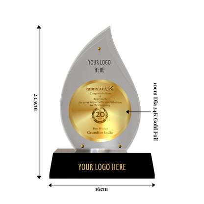 Diviniti Flame-Shaped Trophy with Matter Printed on 24K Gold Plated Foil | Personalized Corporate Recognition Award