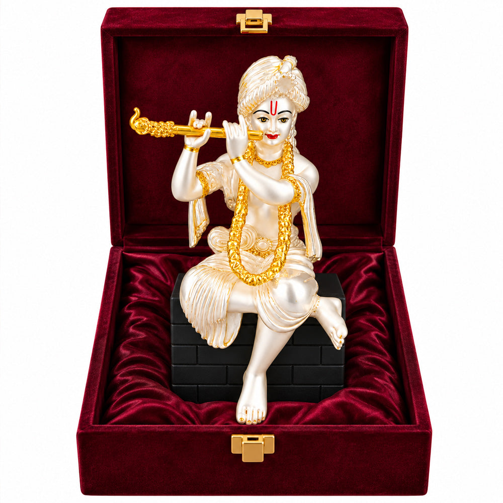 999 Silver-Plated Dual-Tone Lord Krishna Idol | Premium Gift Box | 16x9 CM
