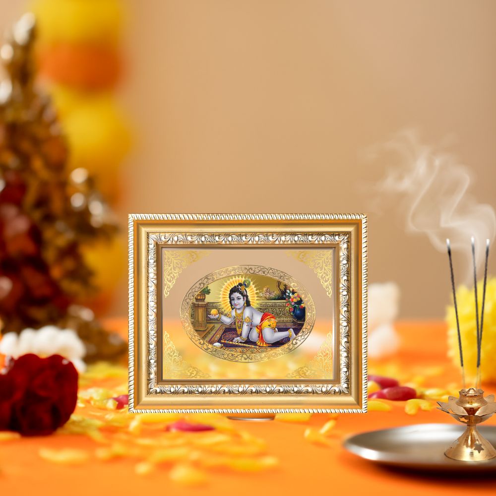 Laddu Gopal Divine Baby Krishna Sacred Love & Devotion Royal Tabletop Frame in 24K Gold Plated Foil