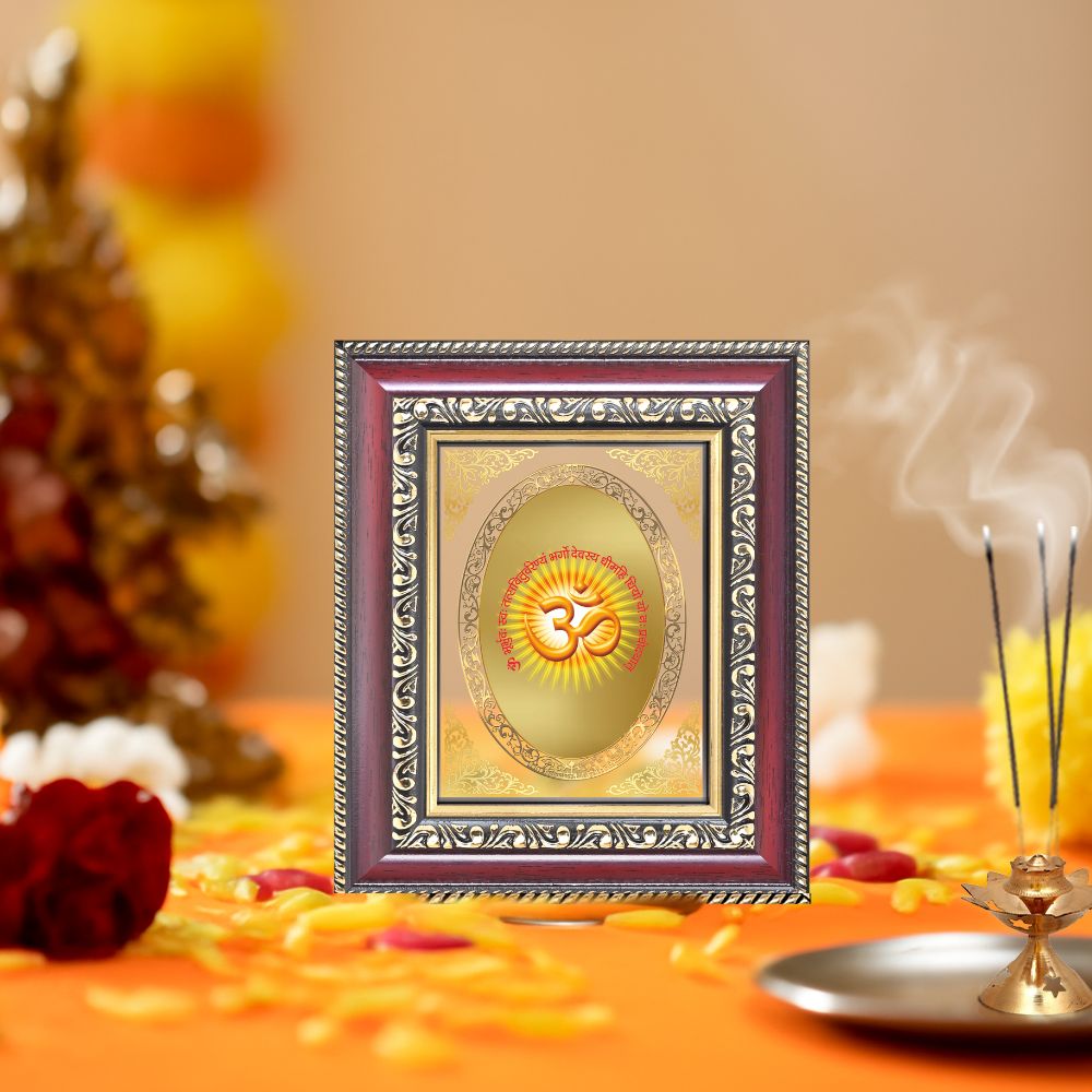 Om Symbol with Gayatri Mantra Divine Vedic Wisdom & Spiritual Energy Royal Tabletop Frame in 24K Gold Plated Foil