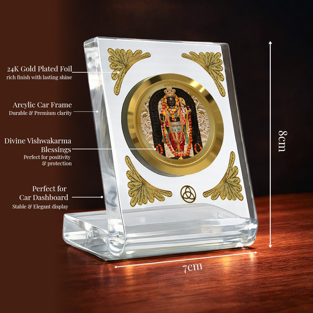Diviniti 24K Gold Plated Ram Lalla Acrylic Car Dashboard Frame | Bal Ram for Car, Home Décor, Tabletop & Puja Room | Blessings of Purity, Devotion & Protection (ACF1CH)