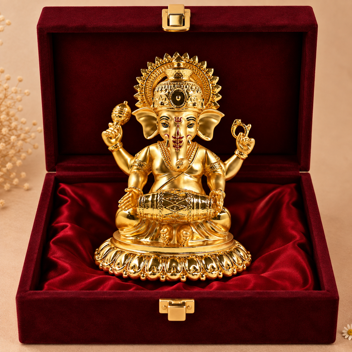 24K Gold-Plated Dholak Ganesha Idol | Premium Gift Box | 15x12 CM
