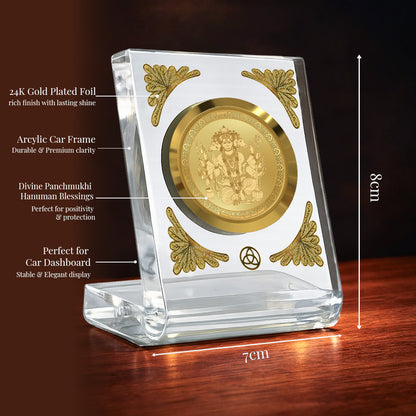 Panchmukhi Hanuma Diviniti Premium Gold on Gold Car Dashboard Frame with 24K gold plated foil in a crystal clear acrylic frame.