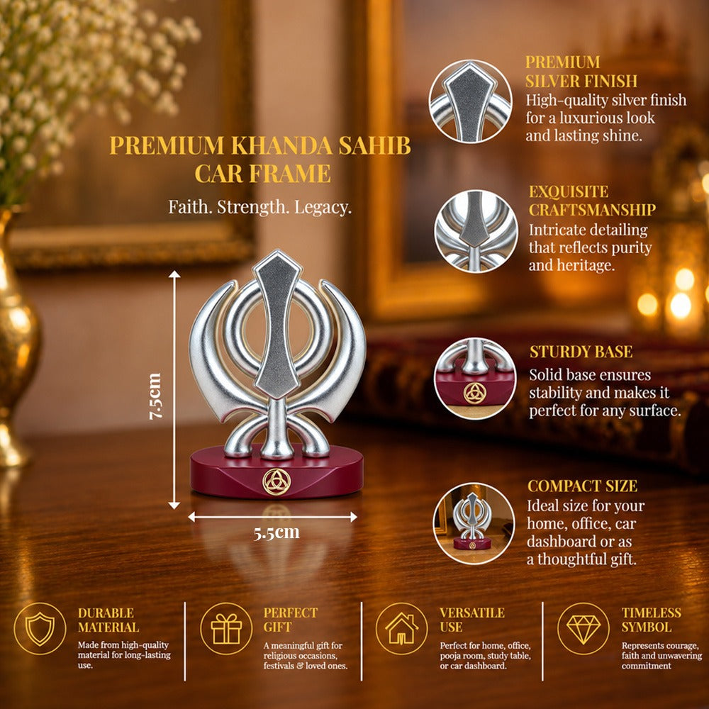 Silver-Plated Khanda Sahib Resin Idol for Car Dashboard & Home | Premium Gift Box | 7.5x5.5 CM