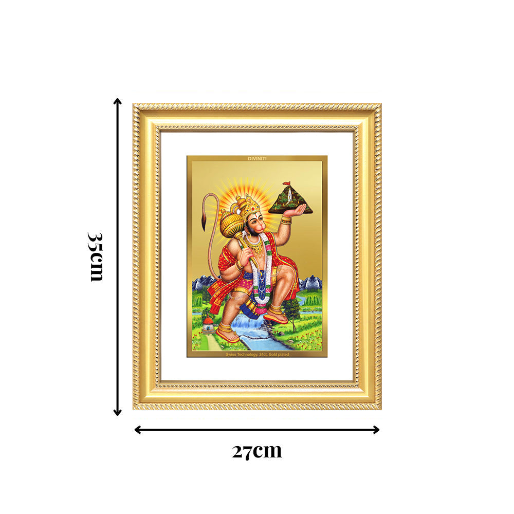 Diviniti 24K Gold Plated Hanuman With Mountain (Classic) Divine Wall Frame for Home Mandir & Office Decor | Luxury Spiritual Gift