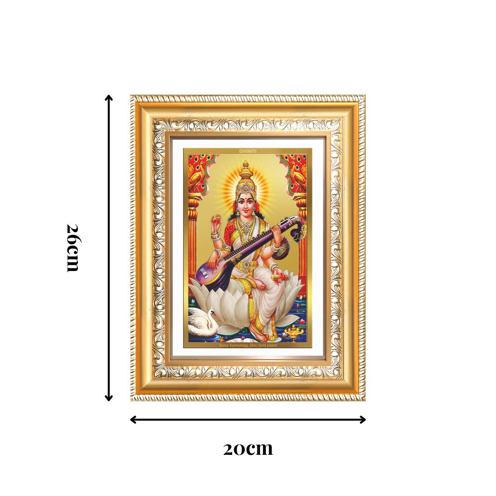 Diviniti 24K Gold Plated Saraswati Mata (Classic) Divine Wall Frame for Home Mandir & Office Decor | Luxury Spiritual Gift