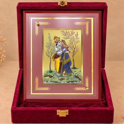 24K Gold-Plated Radha Krishna with Cow MDF Frame | Premium Gift Box | 22 X 18 CM
