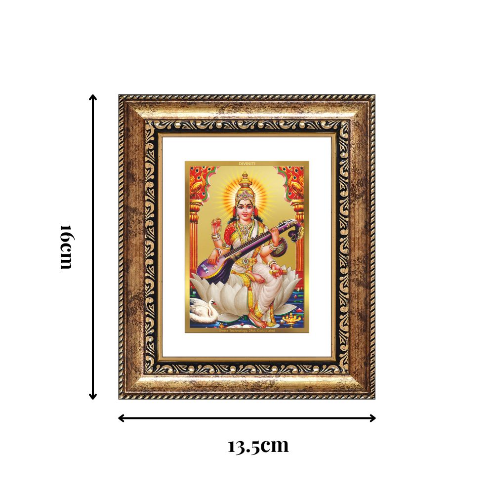 Diviniti 24K Gold Plated Saraswati Mata Divine Table Top Frame for Home Mandir & Office Decor | Luxury Spiritual Gift