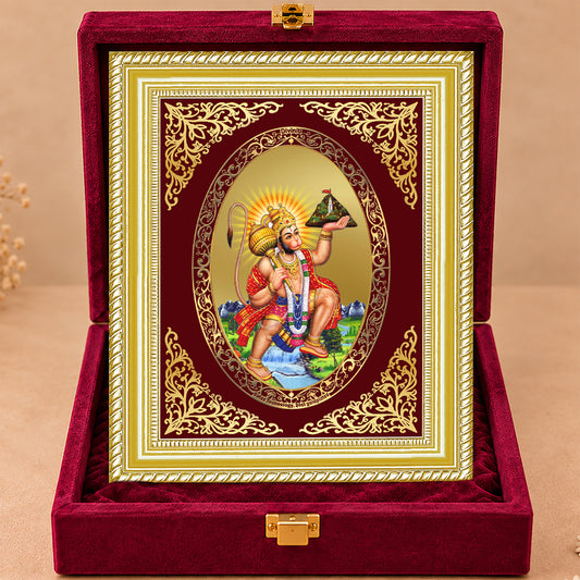 24K Gold-Plated Lord Hanuman With Mountain Frame | Premium Gift Box | 35x27 CM
