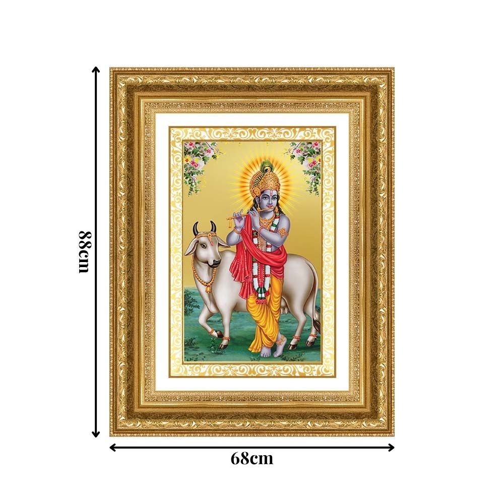 Diviniti 24K Gold Plated Krishna With Surbhi Cow (Classic) Divine Wall Frame for Home Mandir & Office Decor | Luxury Spiritual Gift